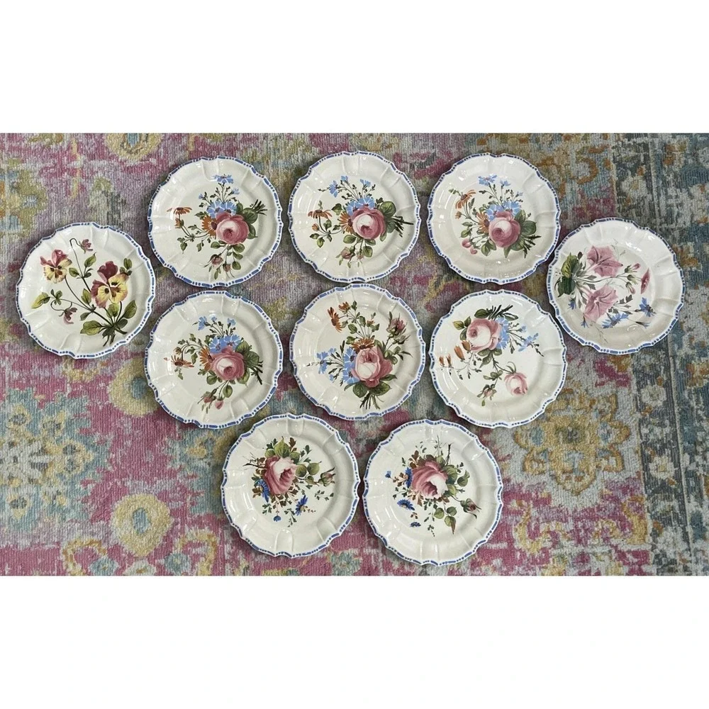 Set Of 10 Vintage Plates Italy Flowers Cottagecore Pottery Majolica Nove Rose